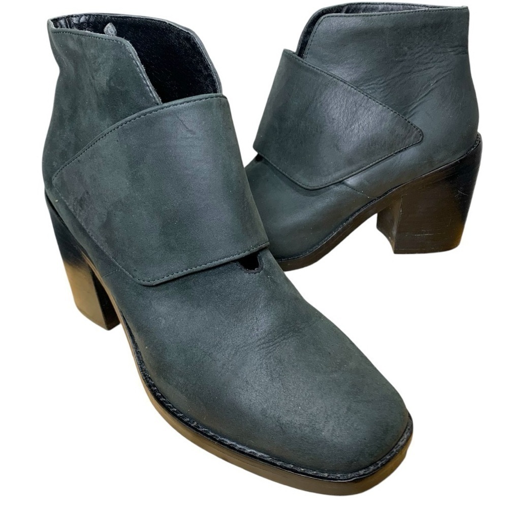 Shellys London Ankle Boot Sz 9 Nubuck Leather Charcoal Gray Block Heel Booties
